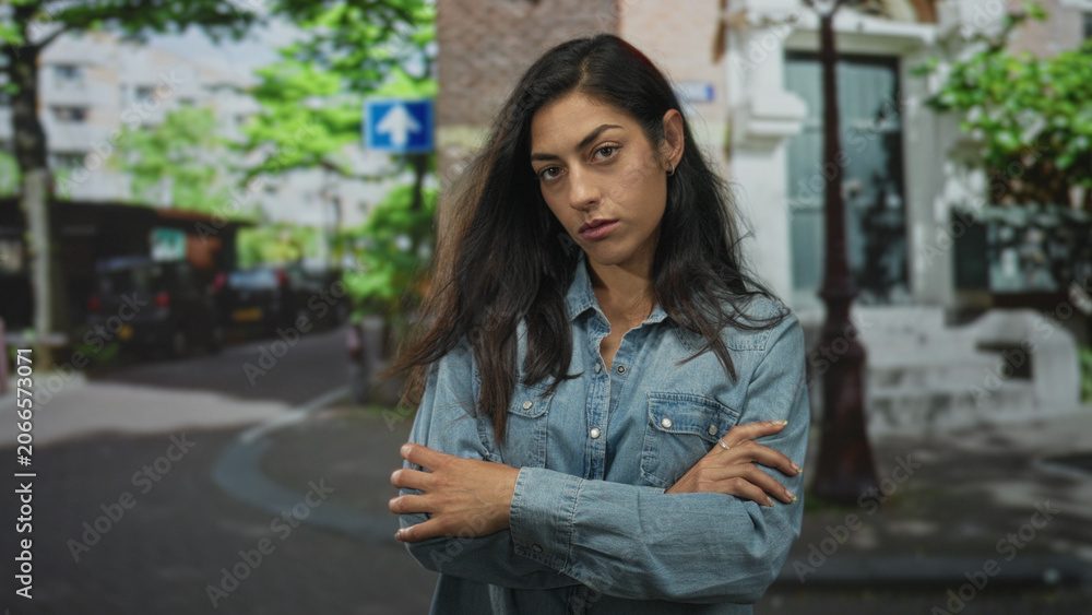 Fototapeta premium Woman arms crossed on city street in denim shirt, hands visible with ring and stern gaze; pensive resilience.