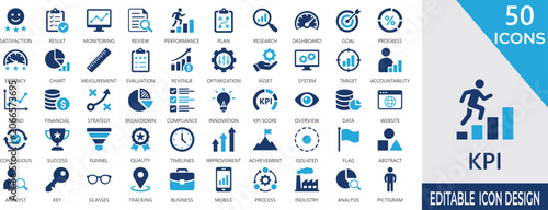 Fotografi KPI solid icon set with analytics dashboards, monitoring, performance, goal, measurement, tracking, metric, and business intelligence symbols