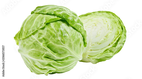 Fresh green cabbage whole and halved, showing crisp leaves and white core