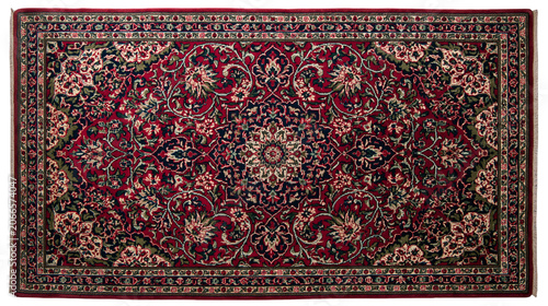 Persian rug with intricate floral pattern in red blue, and green