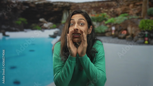 Foto Woman cups hands to mouth calling across a hotel pool at a resort outdoors with visible face and hands in frame; urgency