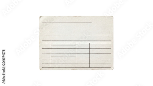 Blank vintage paper library index card with printed lines isolated on white background