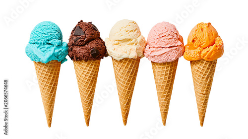 Quadro su tela Five ice cream cones with different flavors in waffle cones