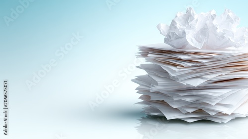A piled stack of crumpled white papers on a smooth surface, illustrating the struggle and creativity involved in the writing and brainstorming processes in a minimalist manner.