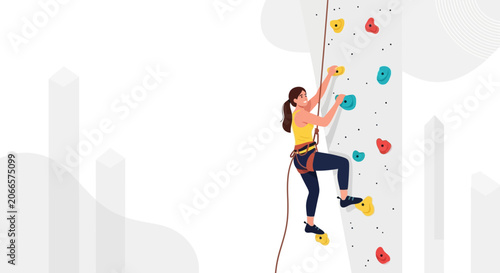 Woman Climbing Indoors on Artificial Wall with Colorful Holds - Vector Illustration