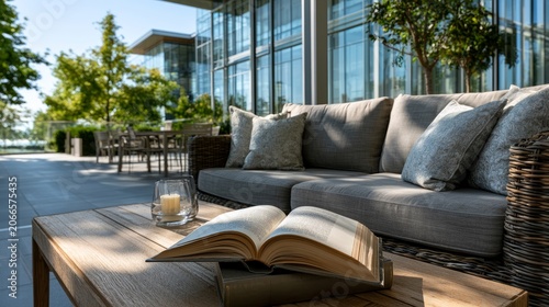 Sunny Outdoor Seating Area with Book and Candle