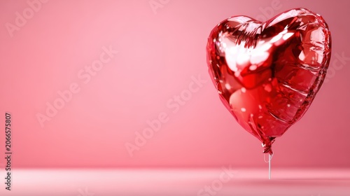 A striking red heart-shaped balloon stands out against a minimalistic pink backdrop, symbolizing love, joy, and celebration in a simple yet captivating presentation.