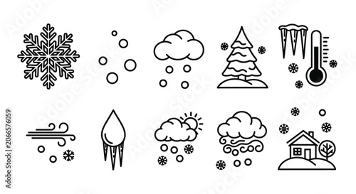 Konstfotografi Set of winter weather and season icons, depicting snowflake, hailstones, snow clouds, snowy tree, icicles, and freezing temperatures