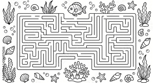 Ocean maze worksheet with fish, coral, shells, and seaweed, a detailed underwater ocean maze puzzle in black and white line art