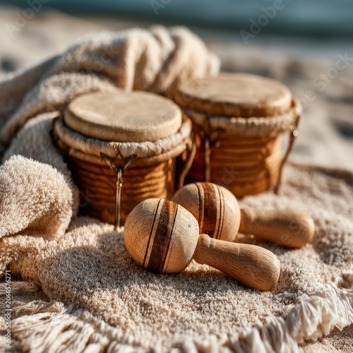 Tropical Percussion Instruments on Sandy Beach