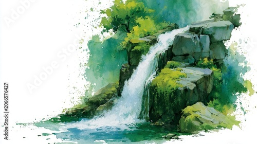 Watercolor Waterfall Cascading Down Lush Green Rocks