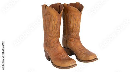 Bild auf Leinwand Brown Leather Cowboy Boots with Western Stitching