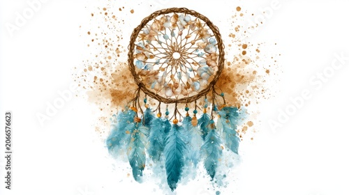 Watercolor Dreamcatcher Art with Feathers and Beads