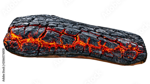 Canvas Print Glowing hot embers in cracked burnt wood log