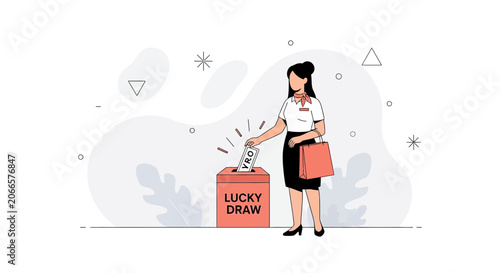 Woman participating in a lucky draw by dropping a ticket into a box, vector illustration