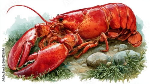Vibrant Watercolor Lobster on Rocky Seabed