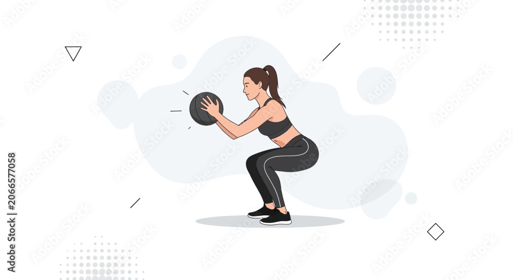 Fototapeta premium Woman Performing Medicine Ball Squat Exercise, Fitness and Workout Illustration