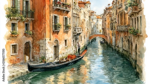 Venice Canal Watercolor with Gondolier