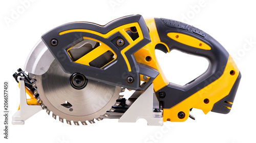 Cordless circular saw with yellow and black housing and metal blade
