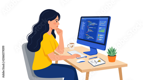 Female programmer writing code on computer screen at office desk.