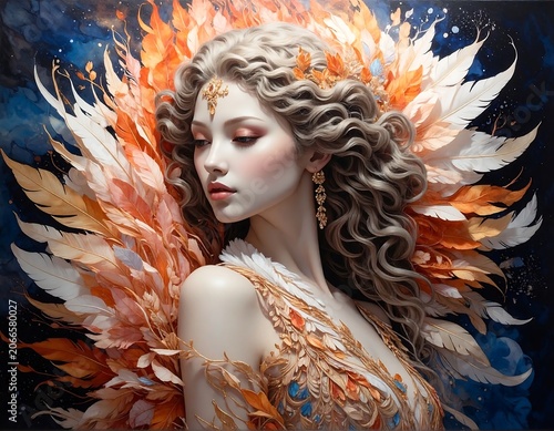 Ethereal Young Woman with Fiery Feathered Wings in Dark Fantasy Setting