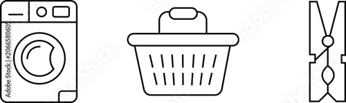 Foto Set of three washing machine laundry basket and clothes peg line art icons