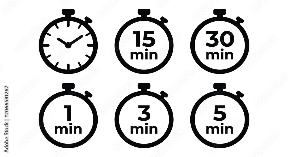 Fototapeta premium Stopwatch Icons With Minute Timers Flat Black Silhouette On White Background