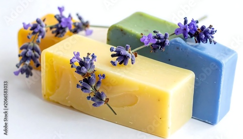 Colorful Handmade Soap Bars Arranged with Lavender Sprigs on White Background