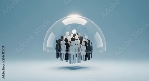 Protective glass dome covering a crowd of people, safety and security concept for community, group of human figures under a transparent shield