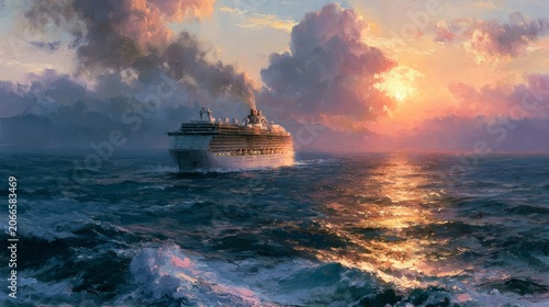 Majestic Cruise Ship on Ocean with Sunset Sky