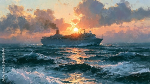 Majestic Ship Cruising Golden Ocean Sunset