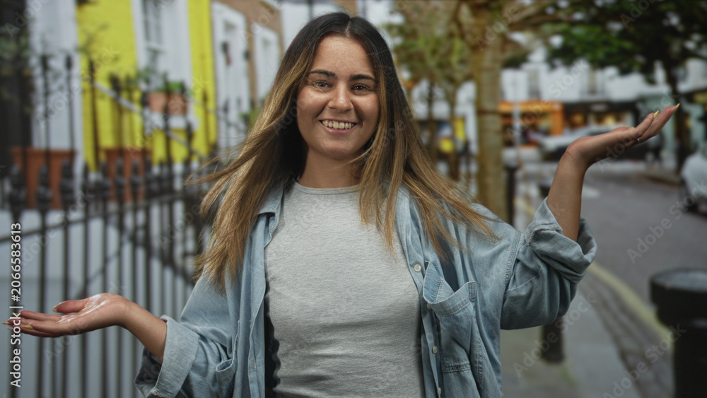 Fototapeta premium Woman smiling with palms up and open hands on a street near a yellow building; joy playful openness.
