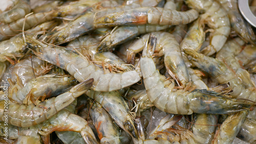 Shrimp Litopenaeus vannamei penaeus whiteleg Caridea pile sea food meal meat previously frozen refreshed raw white gray crustaceans market stall sale supermarket small sweet setiferus vernacular