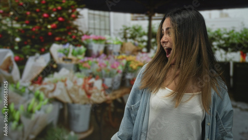 Foto Hispanic woman standing among wrapped flower bouquets at a street market, hair blowing and looking to the side; contemplation