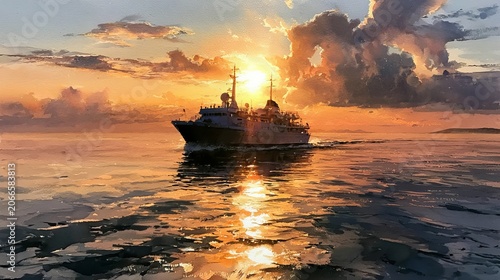 Majestic Ship Cruising Golden Ocean Sunset