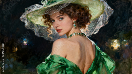 Cinematic wide banner of elegant edwardian woman in emerald green dress. Belle epoque female portrait with green hat, birdcage net veil and smaragd jewelry