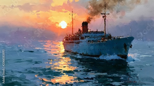 Vessel Sailing Golden Hour Seascape