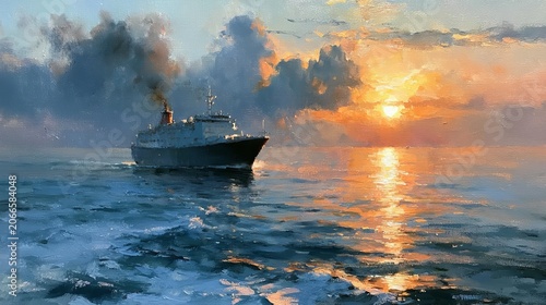 Oil Painting Ship Golden Sunset Ocean