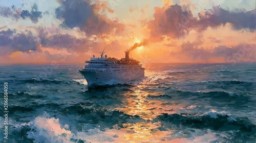 Dramatic Sunset Cruise on Wavy Ocean