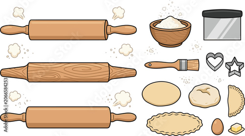 Tableau sur toile Baking Tools and Dough Preparation Illustration Set with Rolling Pins, Flour Bow