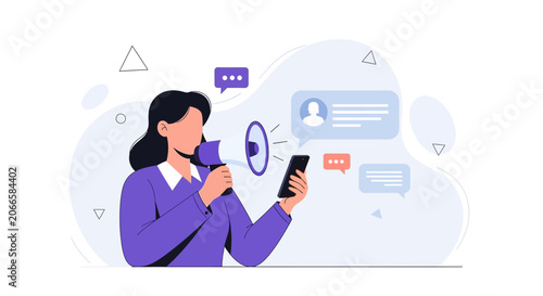 Woman with Megaphone and Smartphone Announcing Messages and Social Media Notifications
