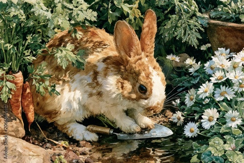 Cute Rabbit Exploring Garden Greens and Daisies