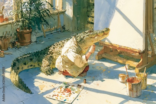 Crocodile artist painting on canvas in sunny studio