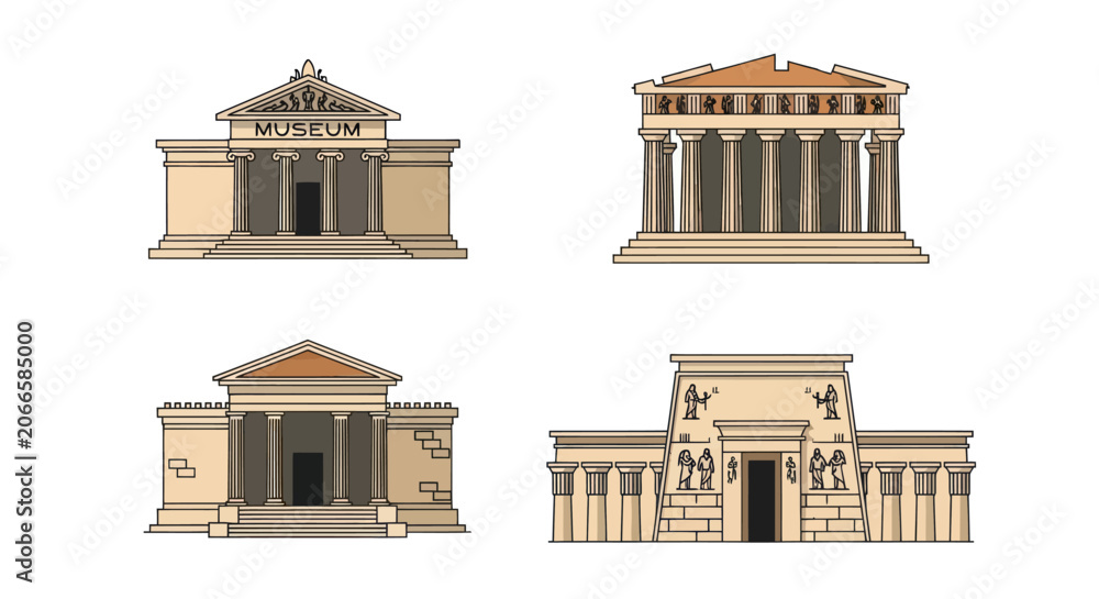 Obraz premium Ancient temple and museum architectural icons set.