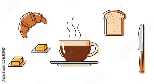 Photos Breakfast set icons with coffee, croissant, and bread.