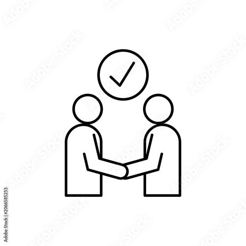 Handshake icon vector line art of two people shaking hands with check mark symbol for business agreement partnership success trust transaction and contract approval concept