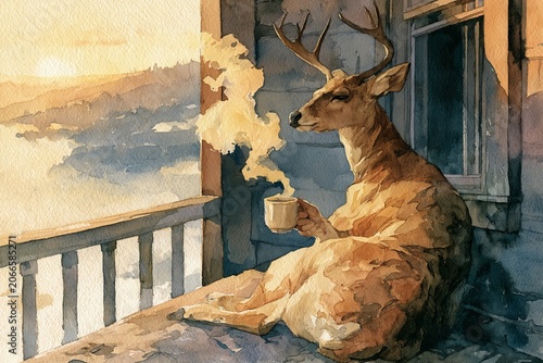 Deer Enjoying Morning Coffee on Balcony