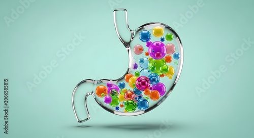 Transparent glass stomach model with colorful probiotic spheres, human digestive system health concept, medical illustration of gut flora and microbiome