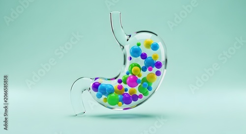 Transparent glass human stomach model with colorful probiotic spheres, digestive health concept, medical 3D illustration of gut flora and enzymes