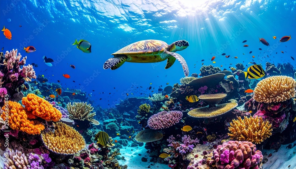 Fototapeta premium Colorful underwater scene featuring thriving coral reefs and diverse marine life in crystal-clear tropical waters, ideal for environmental, ocean conservation, travel, and nature-related projects.